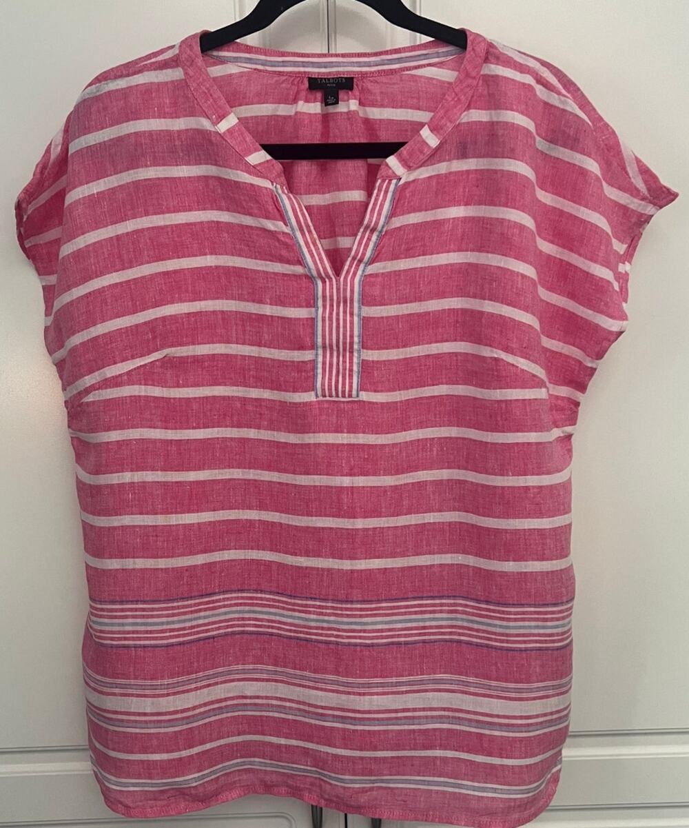Talbots Petite Boardwalk Stripe Popover Top 100% Linen Size L Petite
